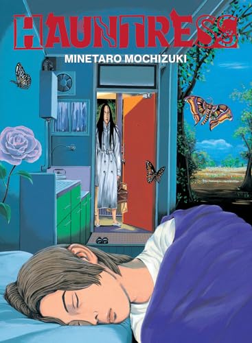 Book cover: woman in hallway, butterflies, and a person sleeping.