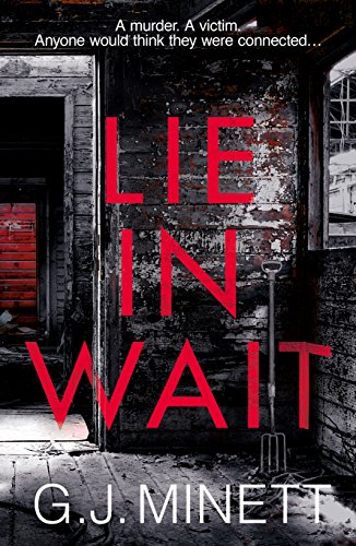 Book cover with red title "LIE IN WAIT" on a dark, ruined building background.