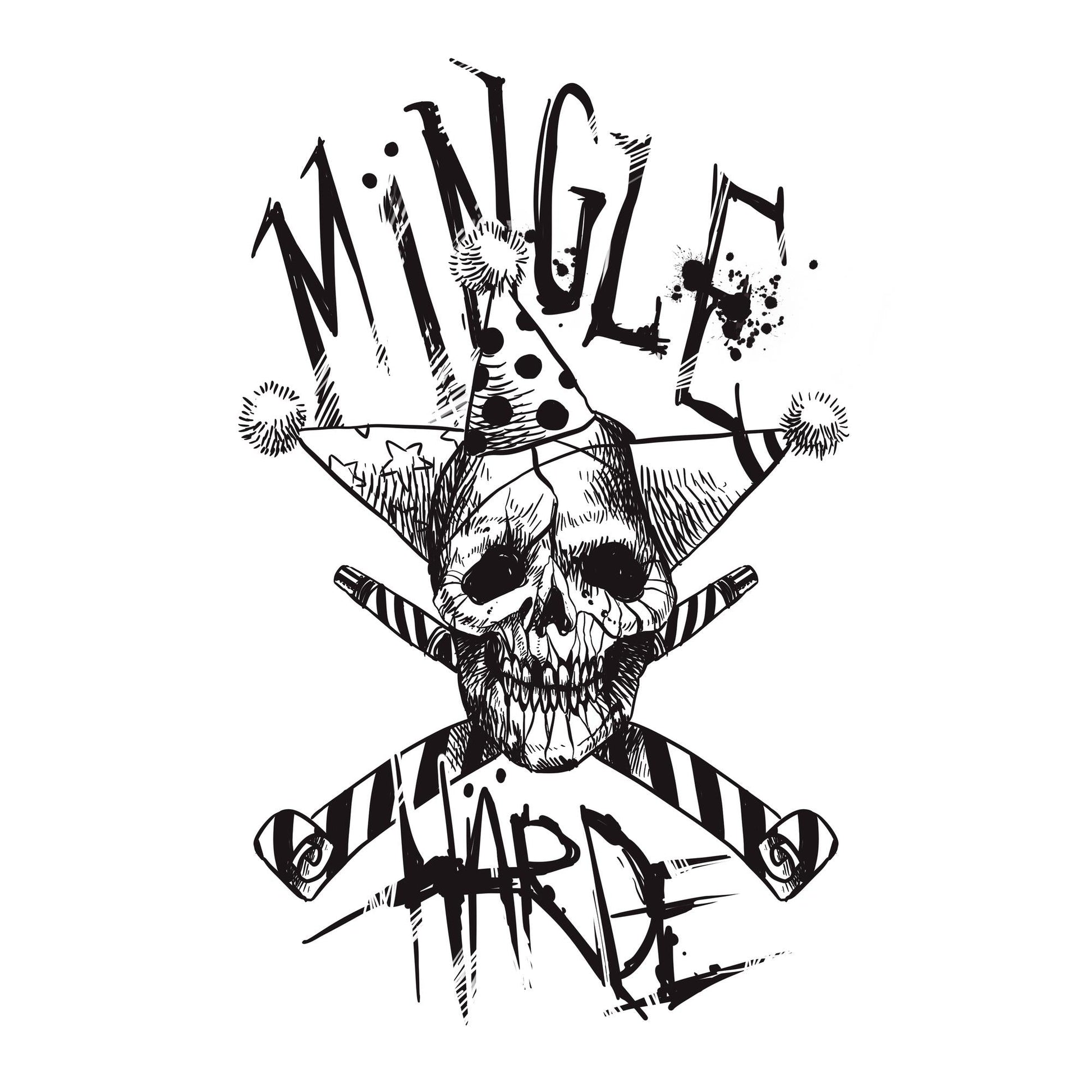Black and white sketch of a skull with party hats and crossed bones.