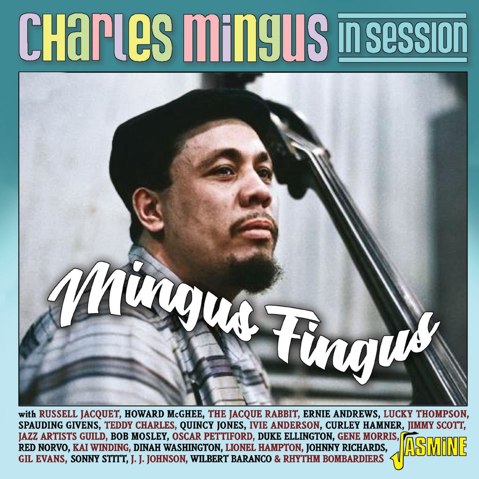 Charles Mingus album cover, portrait of Mingus with bass, blue background.