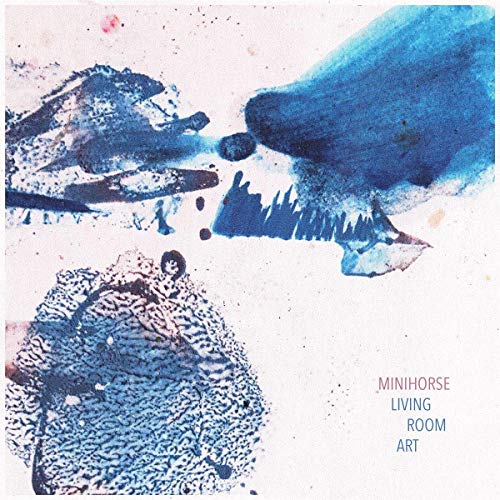 Abstract blue and white watercolor shapes with "Minihorse Living Room Art" text.