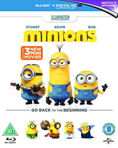 Minions" Blu-ray cover featuring three yellow Minion characters.