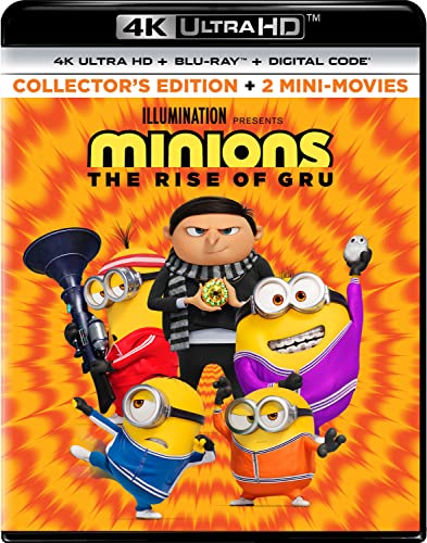 “Minions: The Rise of Gru” Blu-ray cover with Gru and yellow Minions.