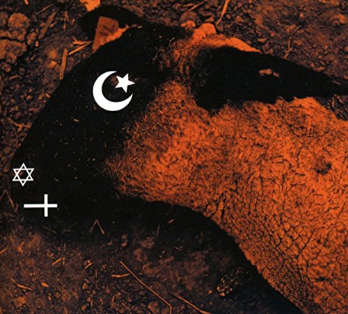 Close-up of a dark sheep with religious symbols on its fleece.