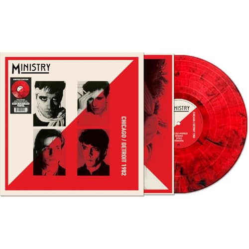 Ministry "Chicago / Detroit 1982" vinyl record cover and marbled red disc.