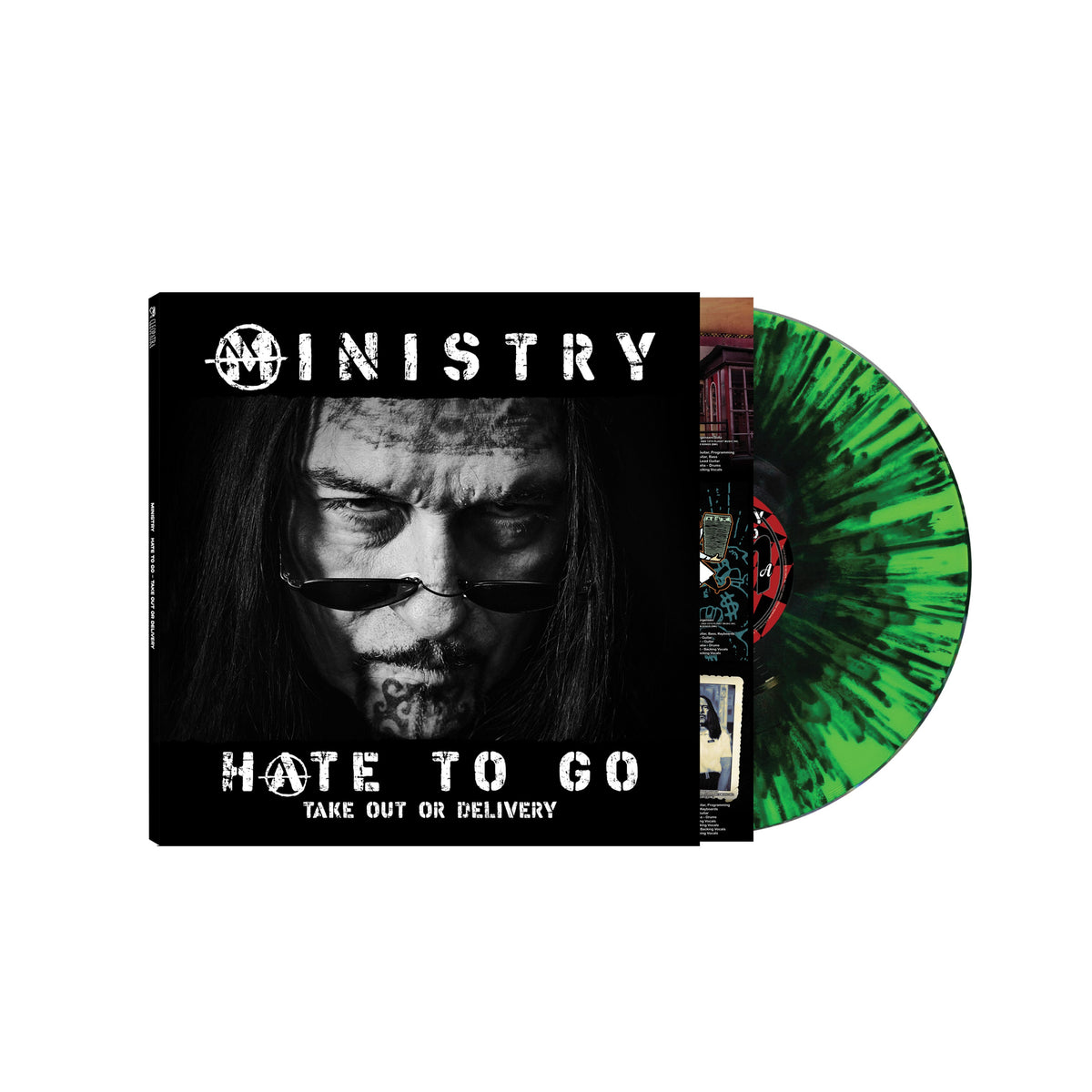 Ministry “Hate to Go” vinyl record with black cover and green splatter disc.
