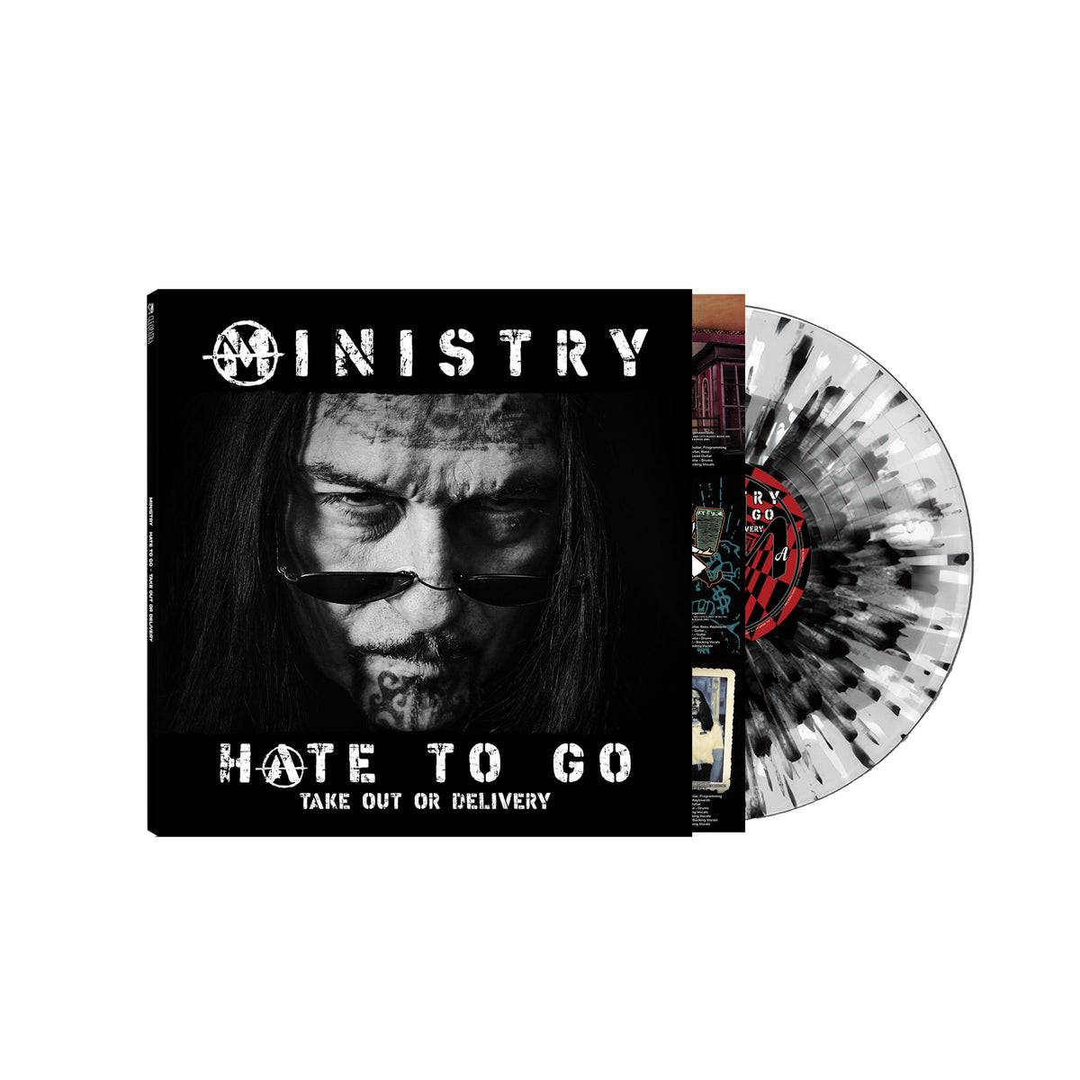 Ministry “Hate To Go” vinyl record with black and silver splatter disc.