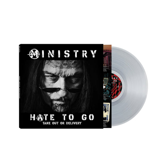 Ministry “Hate To Go” vinyl record, clear disc and album cover shown.