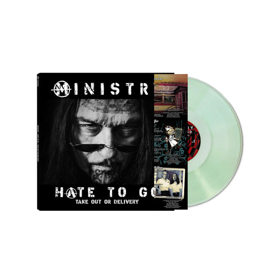 Ministry "Hate To Go" vinyl record, green disc and album cover.