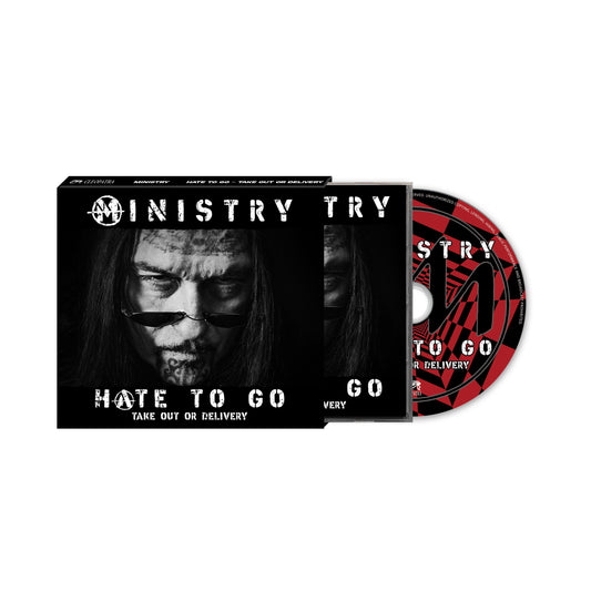 Ministry “Hate To Go” CD case and disc with a portrait.
