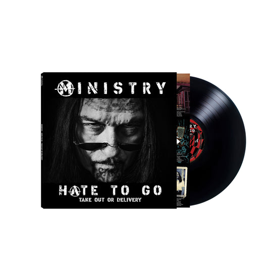 Ministry “Hate to Go” vinyl record with a portrait of Al Jourgensen.