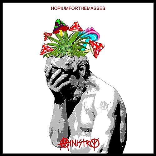 Ministry album cover: grayscale head with colorful mushroom and plant growth.