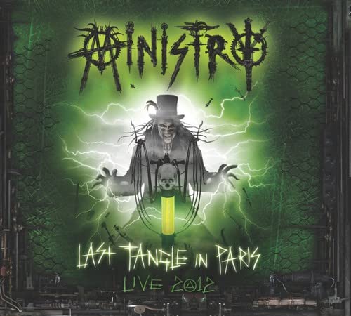 Ministry album cover: green, distorted image of a figure with lightning.