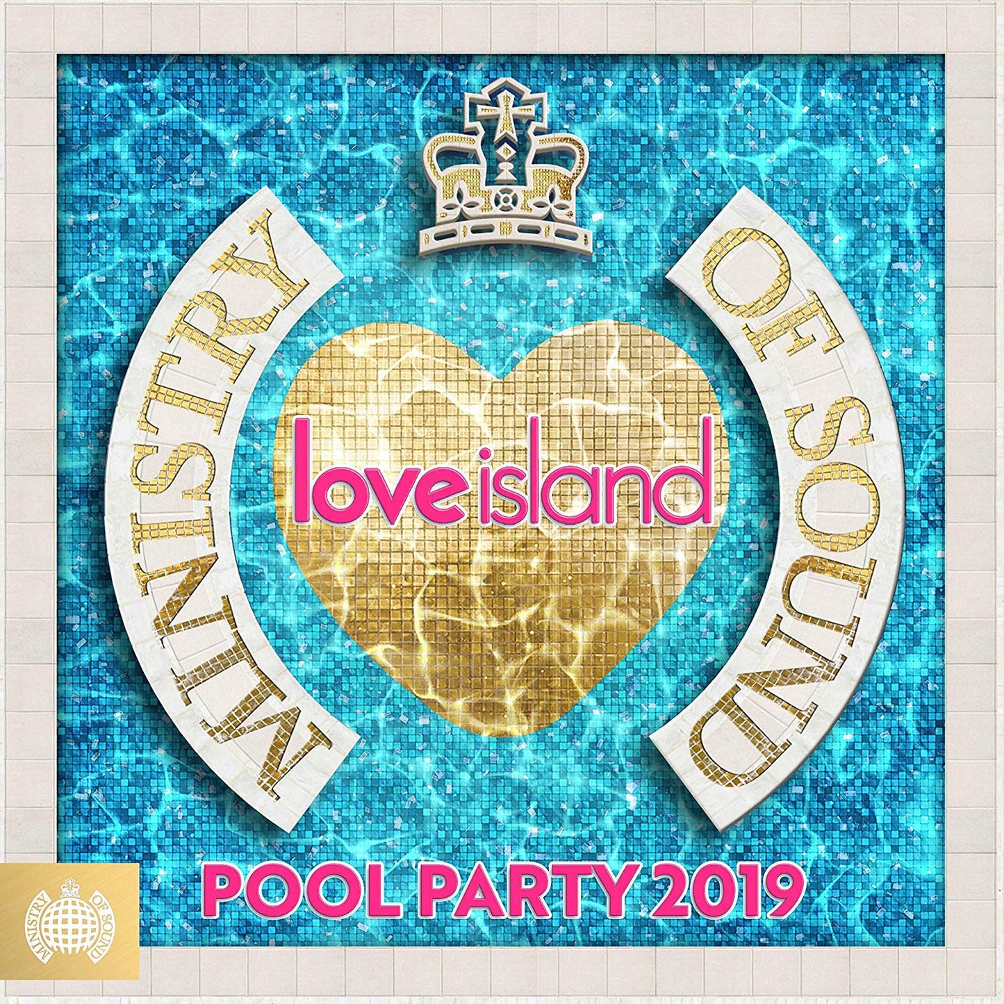 "CD cover with blue mosaic background, gold heart, and 'Ministry Of Sound' and 'Love Island' text."