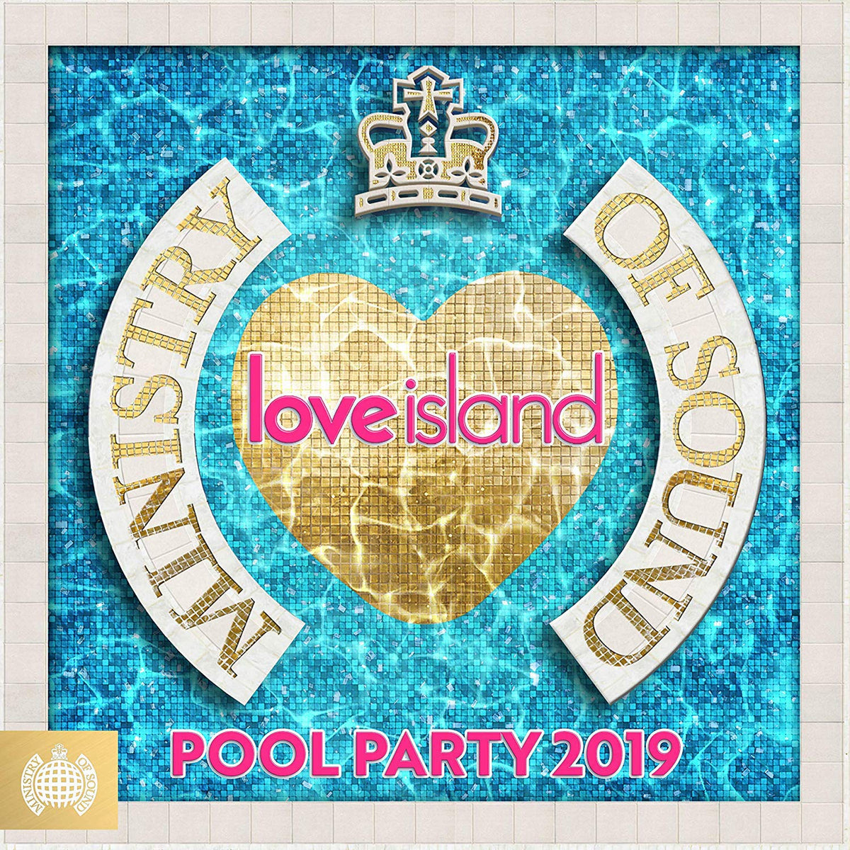 "CD cover with blue mosaic background, gold heart, and 'Ministry Of Sound' and 'Love Island' text."