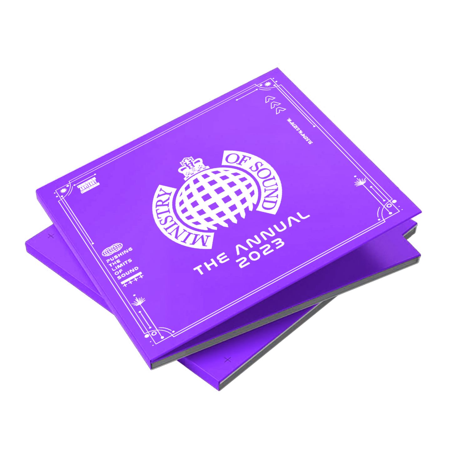 Purple Ministry of Sound “The Annual 2023” CD packaging stacked on white.