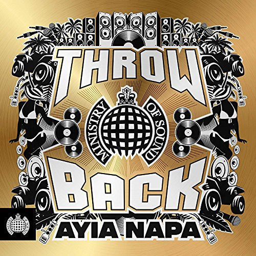 Ministry of Sound Throwback Ayia Napa CD cover with gold background and black graphics.