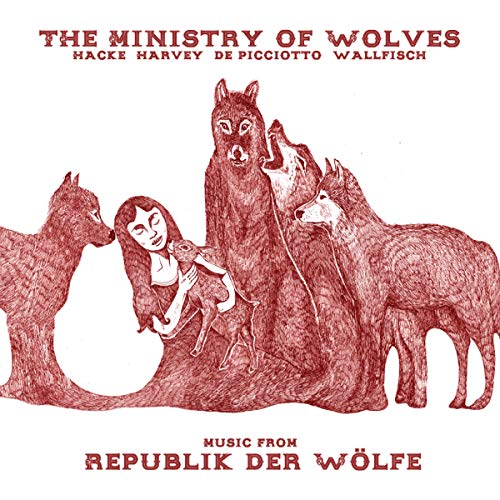 Red sketch of a woman with wolves, album cover for "Ministry Of Wolves.