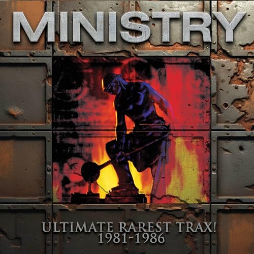 Ministry album cover: industrial scene with a figure working metal.