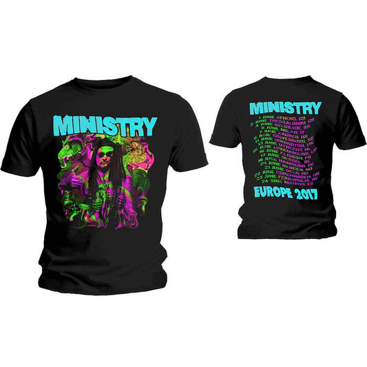 Black t-shirt with graphic print referencing the band Ministry and artificial intelligence.