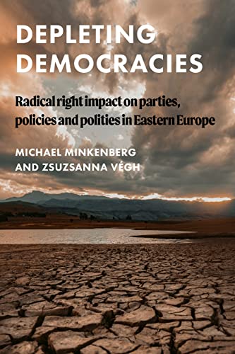 Book cover: "Depleting Democracies" with cracked earth and stormy sky.