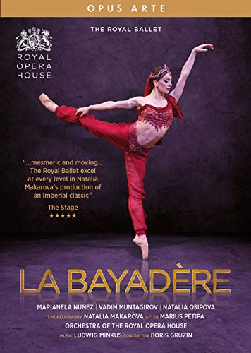 DVD cover for "La Bayadère" featuring a ballerina in red costume.