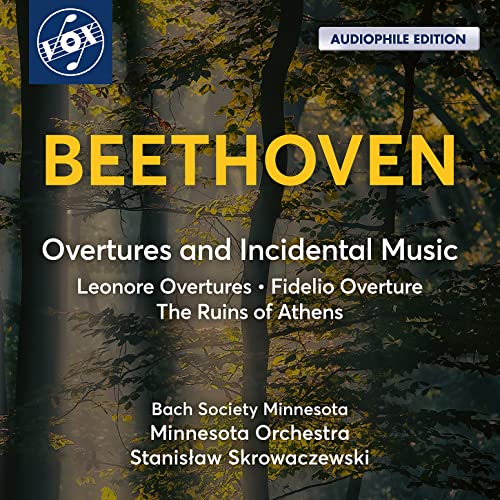 CD cover for Beethoven’s overtures featuring a forest scene and text.