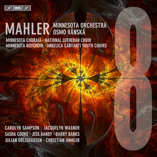 Mahler Symphony No. 8 album cover with fiery abstract design and large “8”.