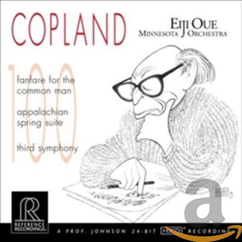 CD cover: Copland 100, Minnesota Orchestra, Eiji Oue, and a cartoon portrait.