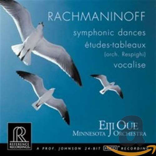 CD cover: seagulls in flight over blue, text “Rachmaninoff” and “Eiji Oue.”