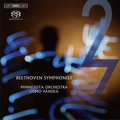 "CD cover with Beethoven Symphonies text, abstract blue and orange background, large '2 7' numbers."