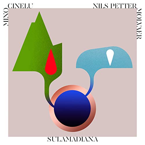 The image depicts a stylized album cover featuring the title "Sulamadiana" by Mino Cinelu and Nils Petter Molvaer. Key visual characteristics include: - A pinkish-beige background - A green triangle with a red teardrop shape - A blue circle with a copper border - A blue abstract shape with a white teardrop - Names of artists at the top corners - Title at the bottom center A concise alt text could be: