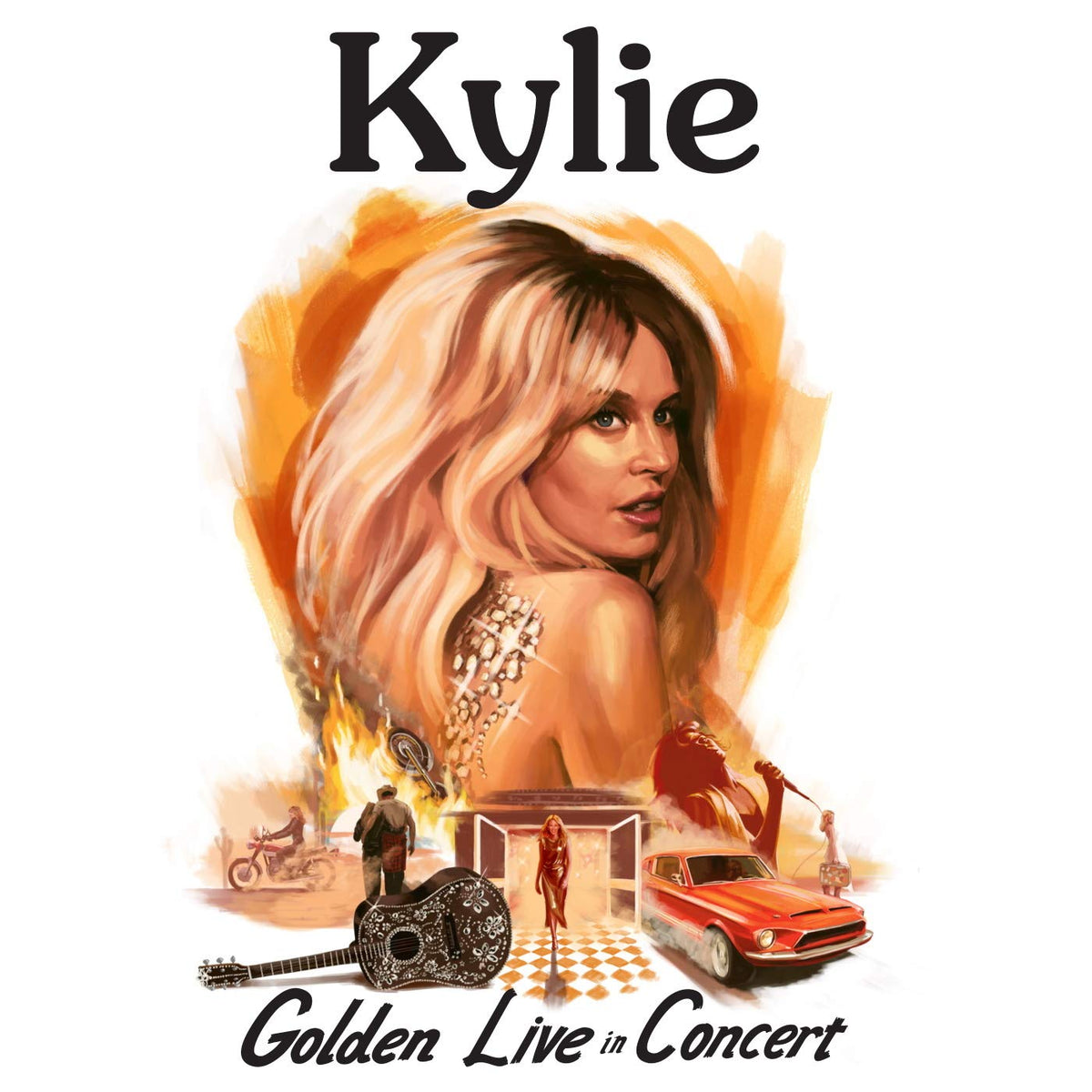 Kylie Minogue concert album cover featuring an illustration of Kylie with various themed images.