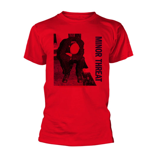 Red t-shirt with black and white image of a person and "MINOR THREAT" text.