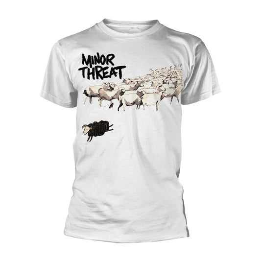 White t-shirt with illustration of sheep, one black sheep separate from the herd.