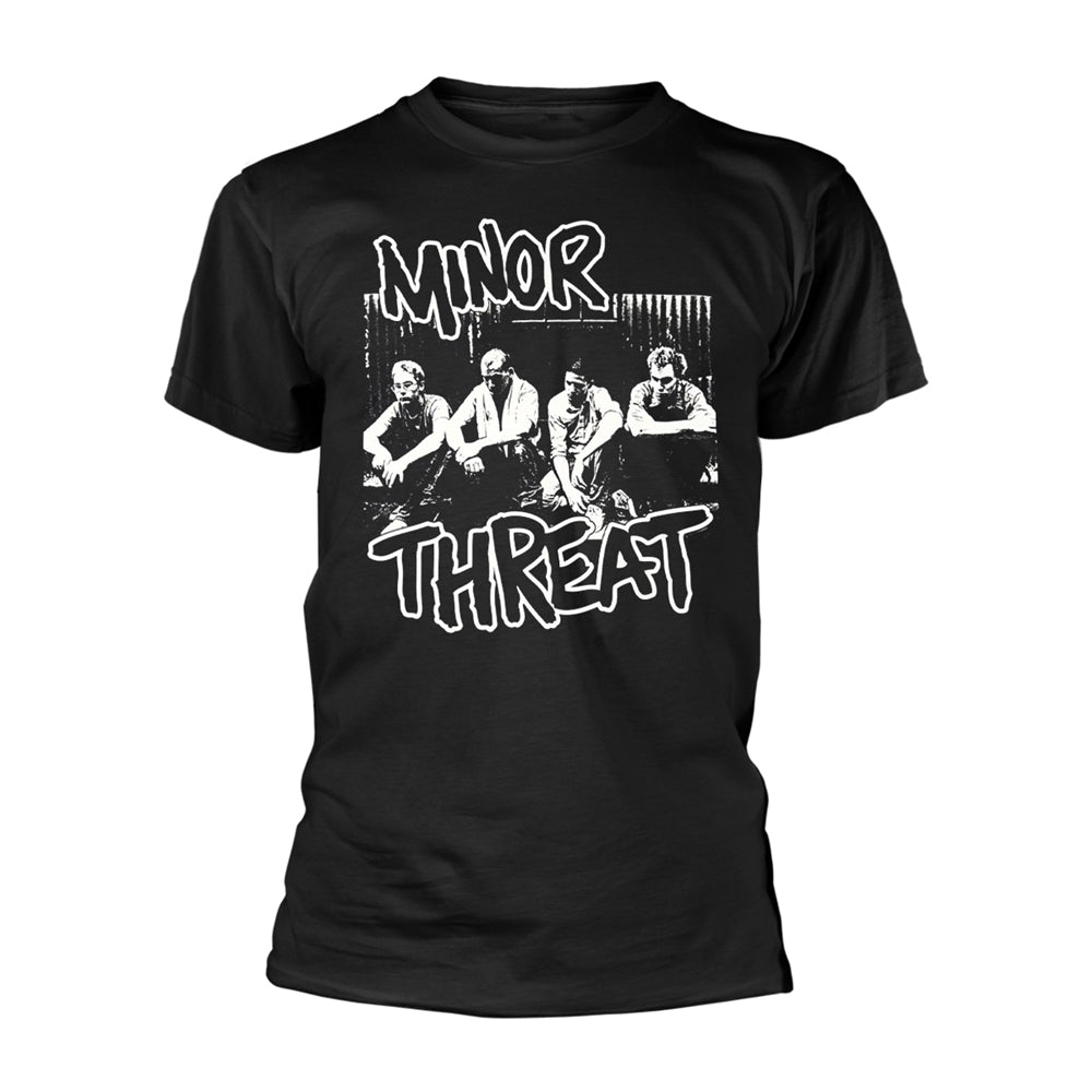Black t-shirt with white Minor Threat band logo and image.