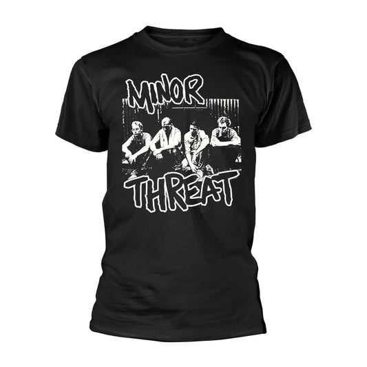 Black t-shirt with white Minor Threat band logo and image.