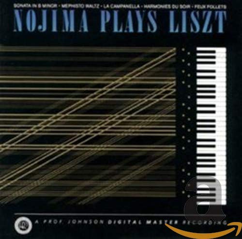 CD cover for Minoru Nojima playing Liszt, featuring piano keys and sheet music.