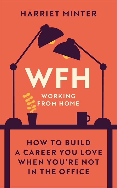 Book cover with “WFH” in large letters, desk lamp, and plant.
