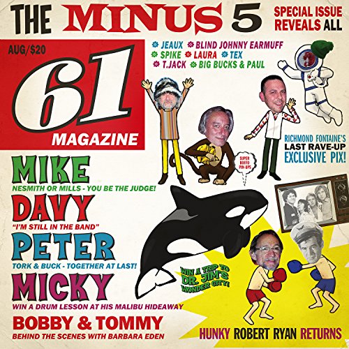 "Magazine cover with cartoon cutouts of The Monkees band members on a yellow background."