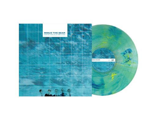 Minus the Bear album cover and marbled green vinyl record.