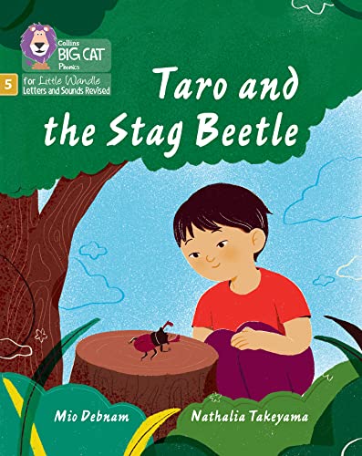 Book cover: boy looking at a stag beetle on a tree stump.