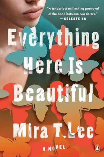 Book cover with butterflies and a partial face, titled "Everything Here Is Beautiful.