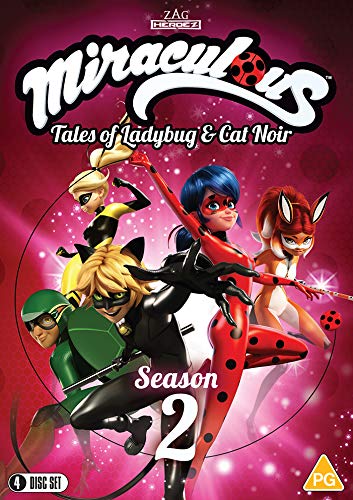 “Miraculous” Season 2 DVD cover featuring Ladybug, Cat Noir, and other characters.