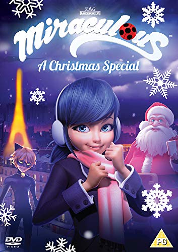 "Miraculous: Tales of Ladybug & Cat Noir Christmas DVD cover featuring cartoon characters and snowflakes."