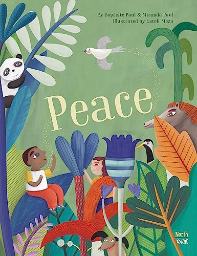 Book cover, "Peace," depicts children and animals amongst colorful foliage.