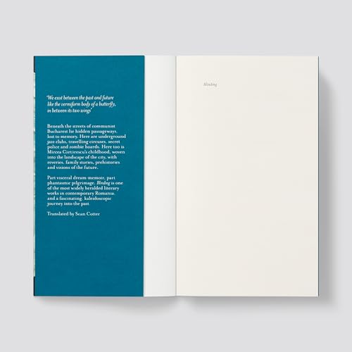 Open book showing a blue page with white text and a blank page.