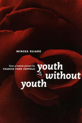 Red rose petals with white text reading “youth without youth”.