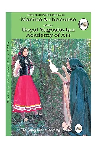 Book cover: woman in red skirt, duck, and cloaked figure in a forest.