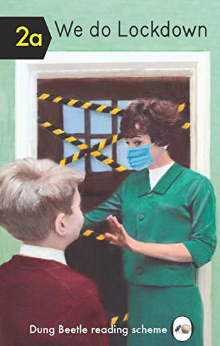 Book cover: woman in mask stops child at doorway with caution tape.